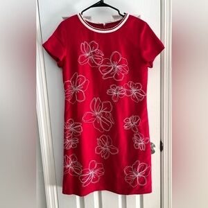 Talbots red and white embroidered linen knee length hibiscus dress- Size 8